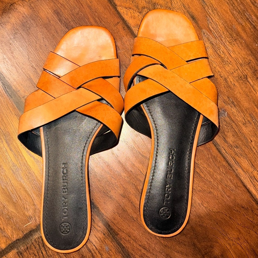 Tory Burch Cognac Leather Crisscross Slide Mules